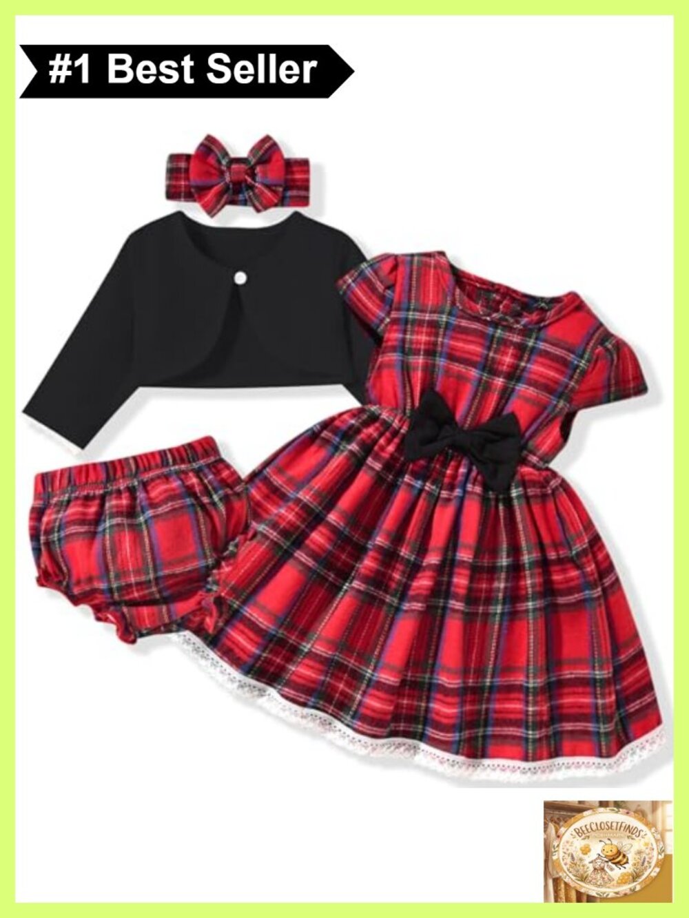 Baby Girl Plaid Dress and Cardigan Set with Diaper Cover Headband